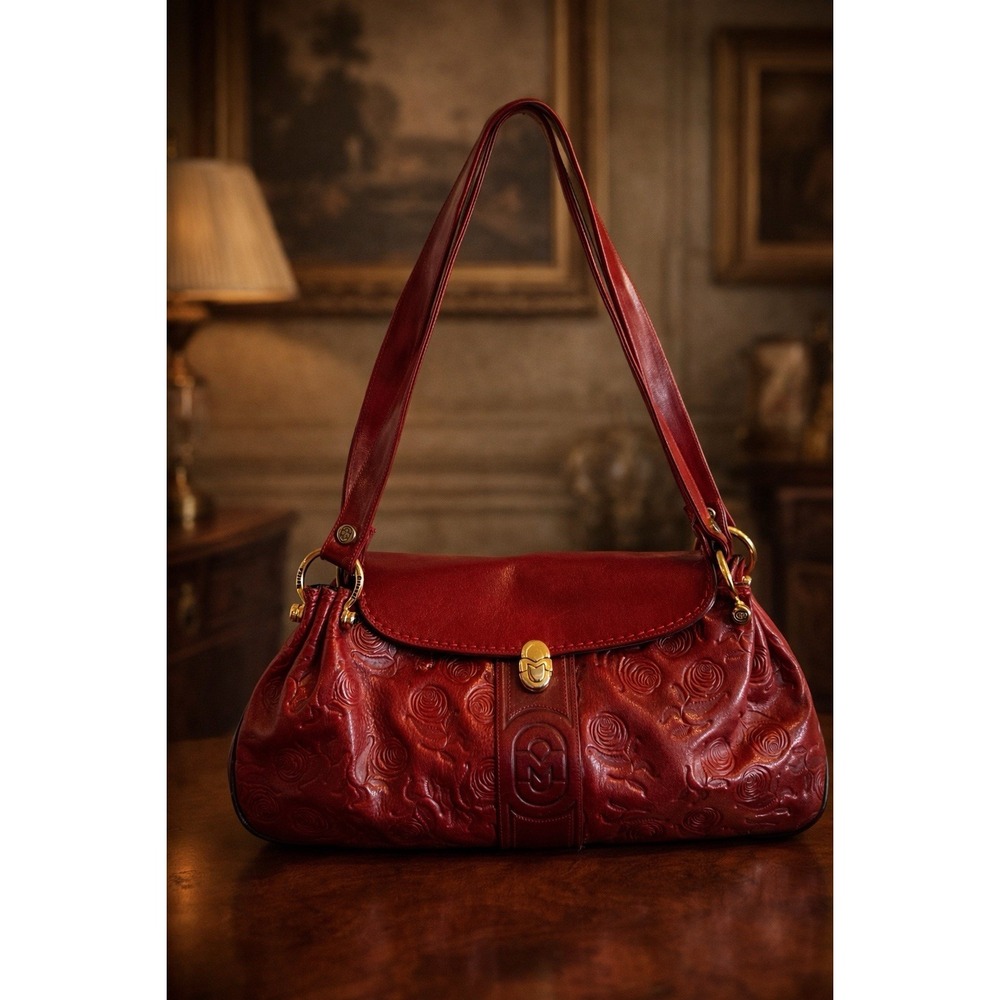 Marino Orlandi Red Embossed Leather Shoulder Bag Floral Tooled Gold Hardware